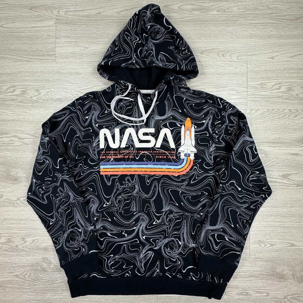 NASA Men's Hoodie Marble Swirl All Over Print Black Small Space Shuttle Graphic